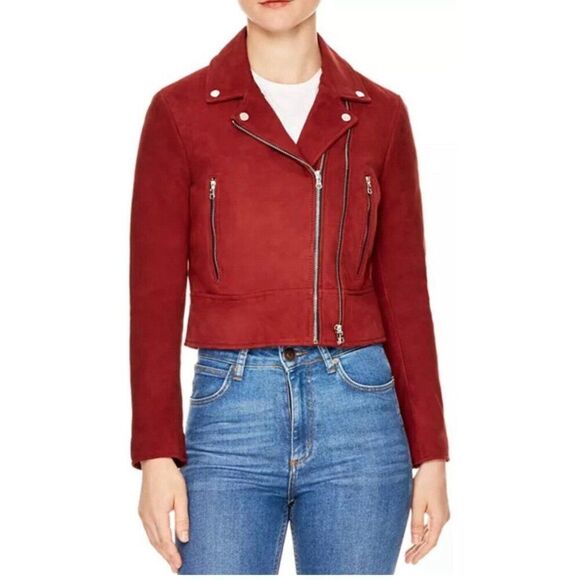 Sandro Paris Authentic Adaya Suede Leather Red Long Sleeve Moto Jacket 1 Xs - Picture 1 of 16